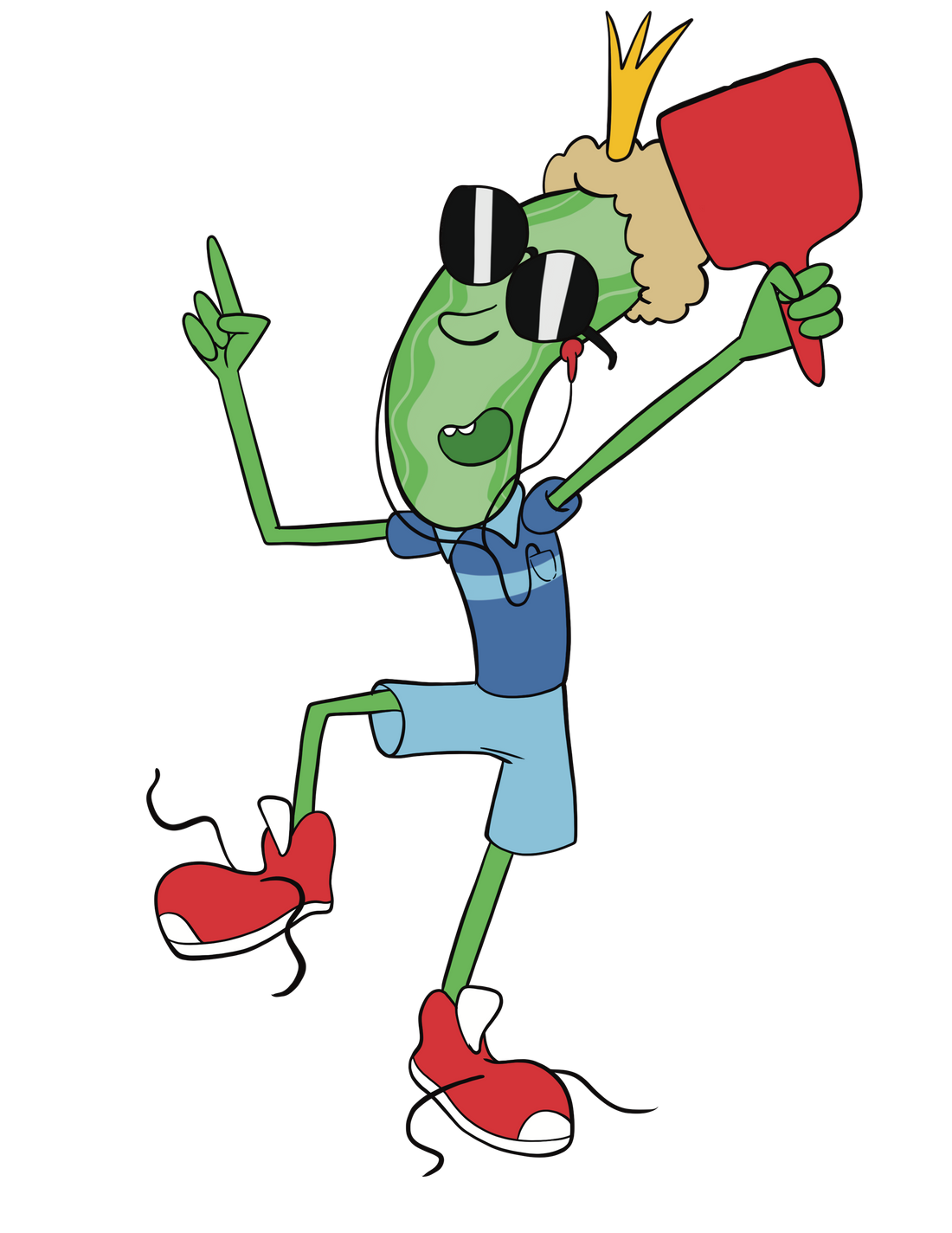 young pickleball character with sunglasses, dancing, holding a pickleball paddle