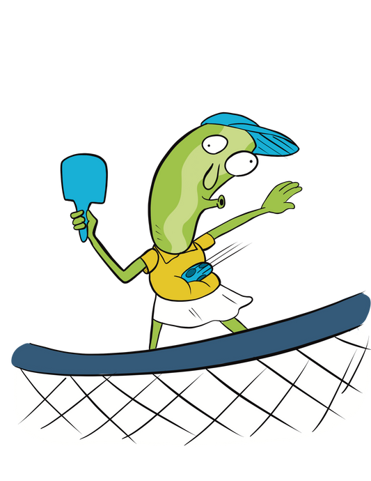 pickle character playing pickleball with surprised by a ball hit into her stomach