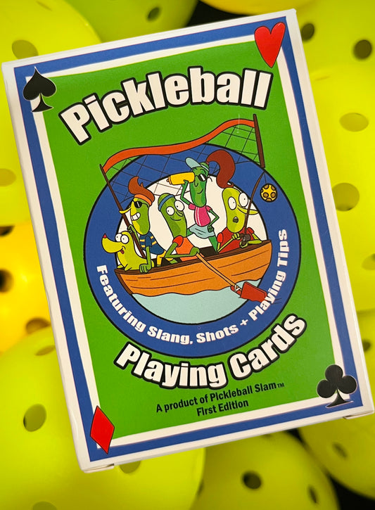 pickleball card deck playing box with pickleboat and dog plus players searching for one more game